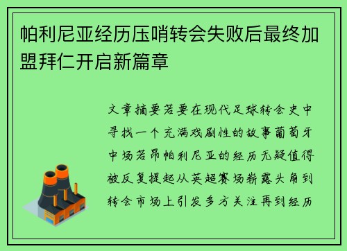 帕利尼亚经历压哨转会失败后最终加盟拜仁开启新篇章