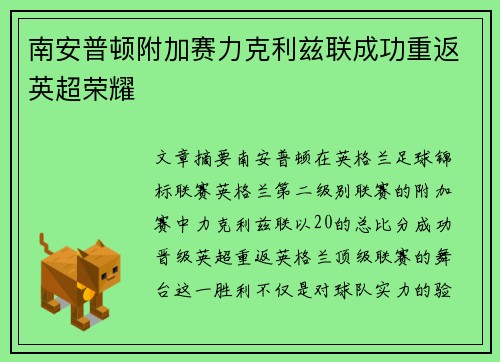 南安普顿附加赛力克利兹联成功重返英超荣耀 南安普顿附加赛力克利兹联成功重返英超荣耀